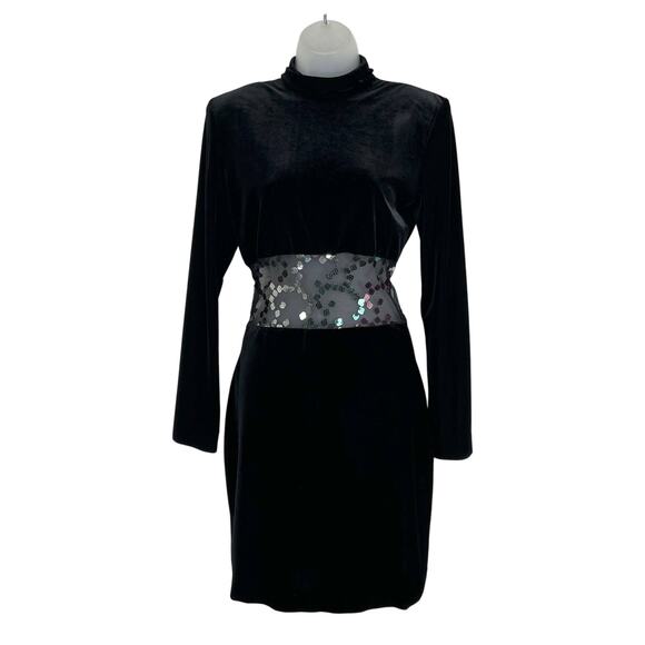 Vintage 80s Gantos Velvet Stretch Mini Dress Sequin Mesh Cut Out Midriff - Picture 1 of 7